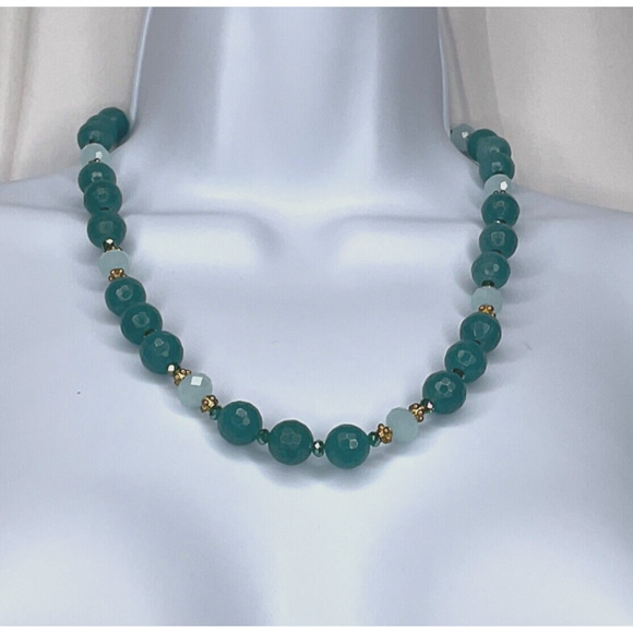 Amazonite Faceted and Glass Bead Necklace Gold Tone Magnetic Clasp 17 in Beauty - Picture 5 of 12